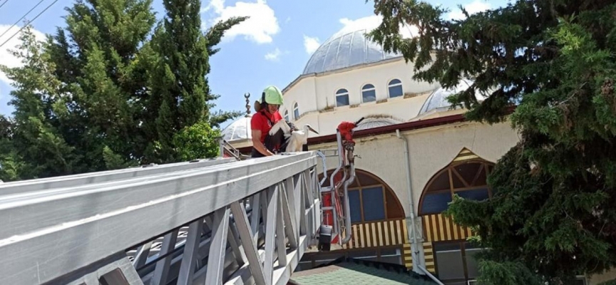 Ayağına ip dolandığı için uçamayan leylek kurtarıldı