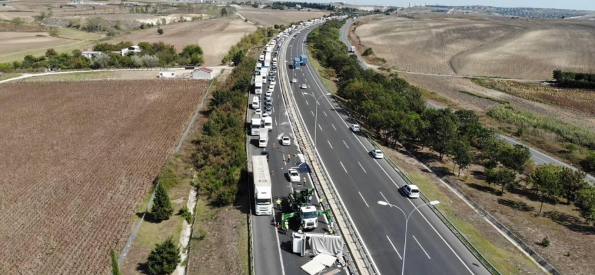 TEM Otoyolu'nda devrilen kamyonet trafikte yoğunluğa neden oldu