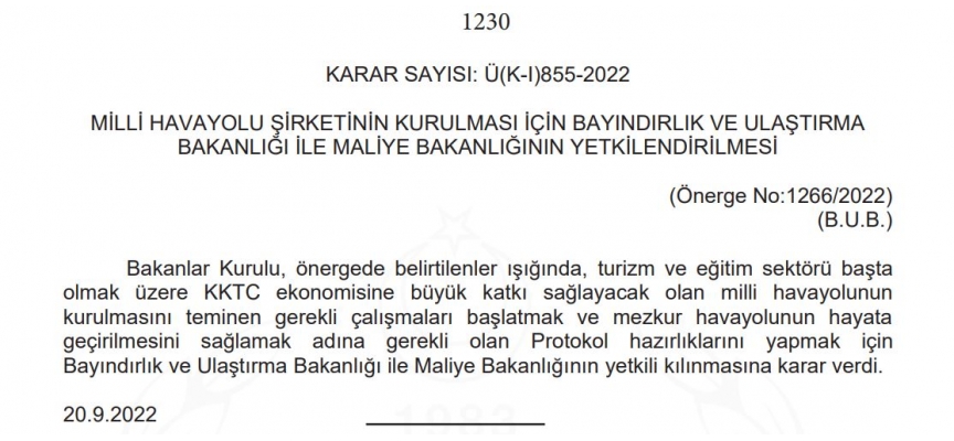 Milli havayolu şirketinin kurulması için Bayındırlık ve Ulaştırma Bakanlığı ile Maliye Bakanlığı yetkilendirildi