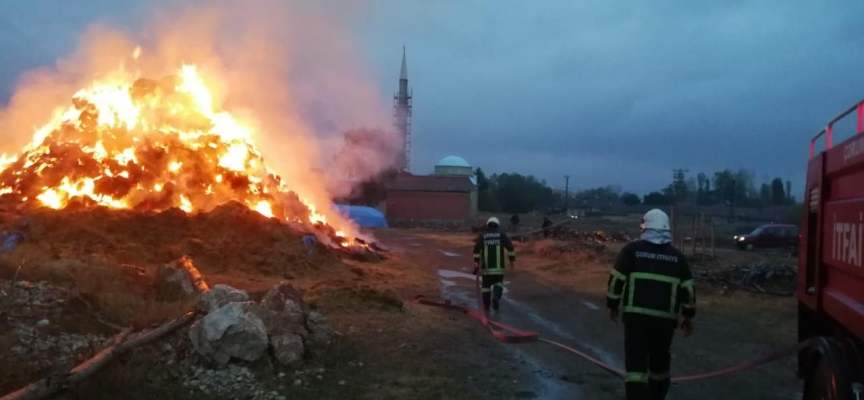 Çorum'da yıldırım düşmesi sonucu çıkan yangında 900 saman balyası yandı