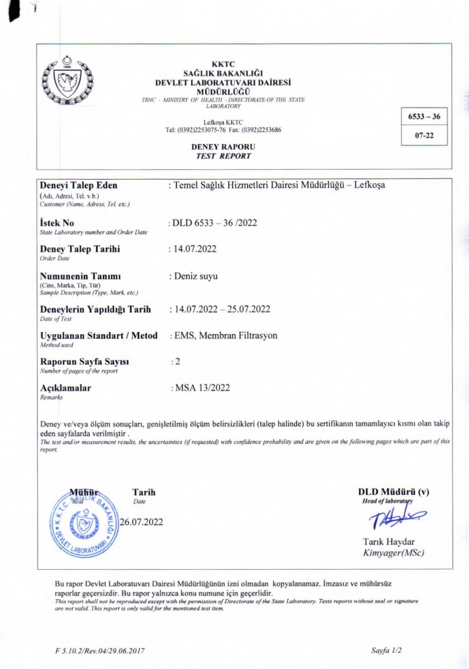 Temmuz ayına ait deniz suyu analiz sonuçları açıklandı