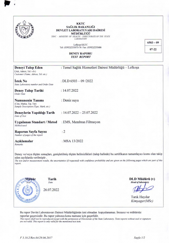 Temmuz ayına ait deniz suyu analiz sonuçları açıklandı