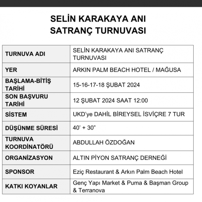 “Selin Karakaya Anı Satranç Turnuvası” düzenleniyor